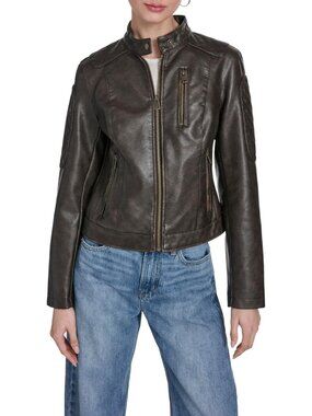 Women's Brown Faux Leather Motocross Racer Snap Down Collar Casual Jacket
